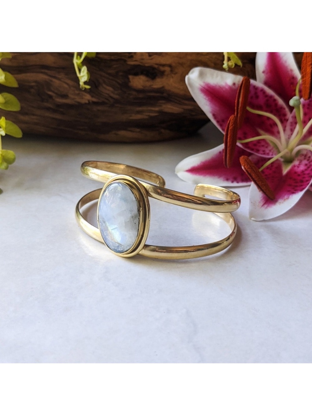 Nwt Baizaar Moonstone Cabochon Brass Cuff View 3